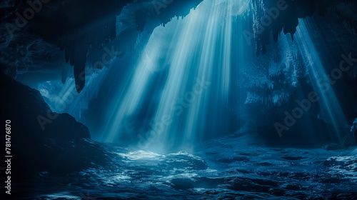 A mysterious passage in the cave illuminated by delicate rays of sunlight. Tajemnicze przejście w jaskini oświetlone delikatnymi promieniami słońca photo