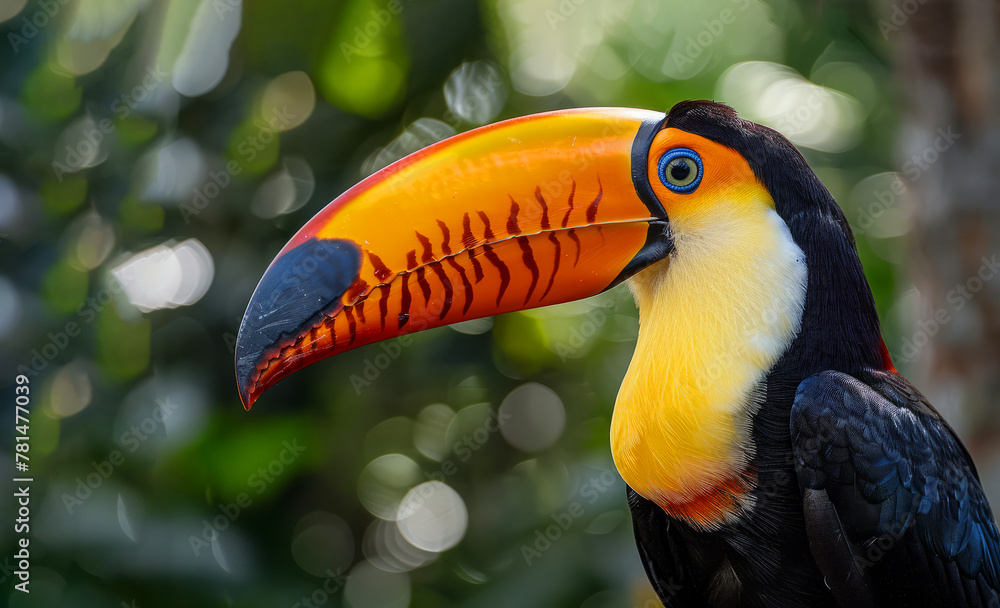 Naklejka premium A colorful bird with a long beak is looking at the camera. The bird is yellow and black with a blue eye. Portrait of a tropical toucan bird