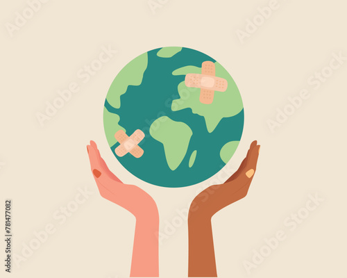 Different race hands holding globe, earth with band aid. Earth day vector illustration for poster, banner,print,web. Saving the planet,environment together.Modern cartoon flat style illustration