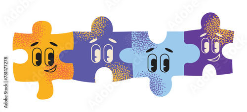 Group of diverse happy smiling disabled people and guide dog, eye, puzzle, sign language, braille with an assortment of different handicaps , vector illustration isolated on a white background