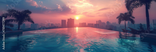 Tranquil Rooftop Pool Overlooking Sunset Cityscape photo