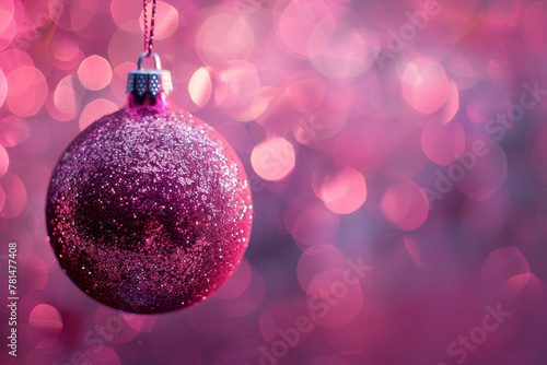 Sparkling Pink Christmas Ornament Against a Bokeh Lights Background