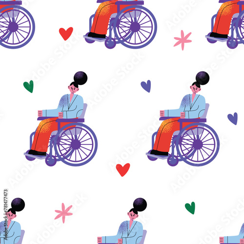 seamless pattern diverse happy smiling disabled people and guide dog, eye, puzzle, sign language, braille with an assortment of different handicaps , vector illustration isolated on a white background