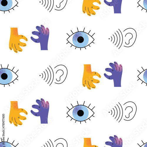 seamless pattern diverse happy smiling disabled people and guide dog, eye, puzzle, sign language, braille with an assortment of different handicaps , vector illustration isolated on a white background