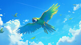 Papagaio verde voando no céu azul - Ilustração