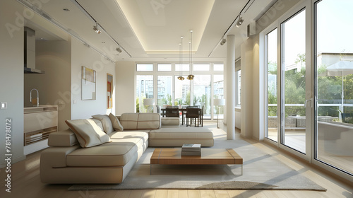 Modern living room with a minimalist interior and a beige sofa © Pik_Lover