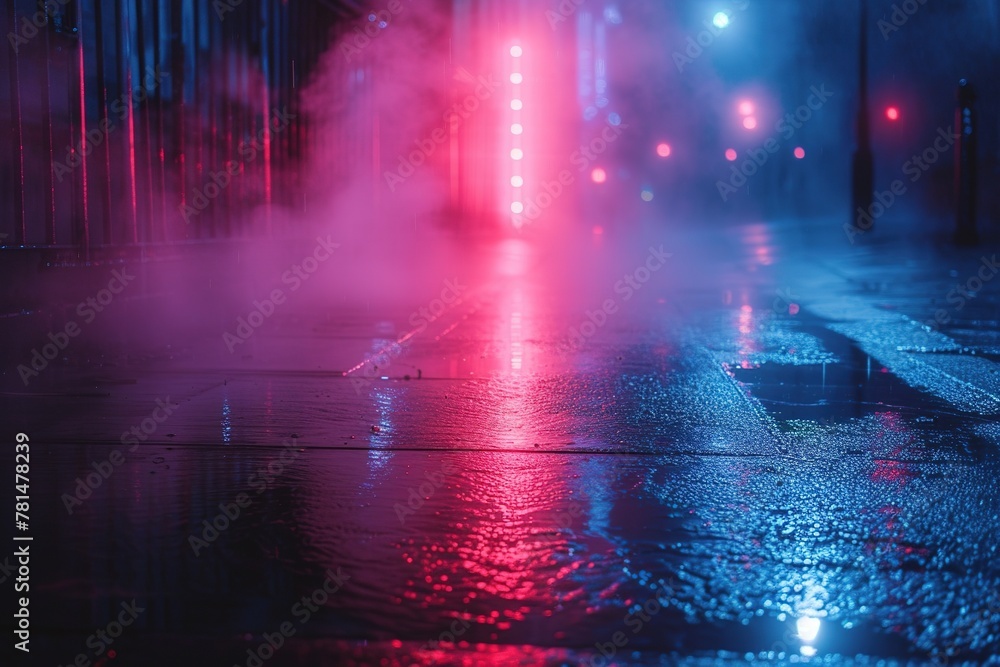 Wet asphalt, reflection of neon lights, a searchlight, smoke. Abstract light in a dark empty street with smoke, smog. Dark background scene of empty street, night view, night city.