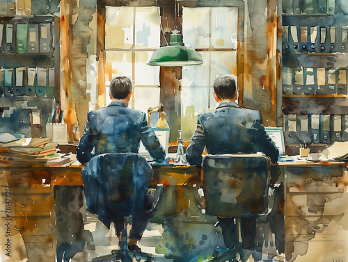 Deux hommes en costume travaillant côte à côte dans le même espace de travail, scène de la vie d'entreprise, au bureau, illustration à l'aquarelle photo