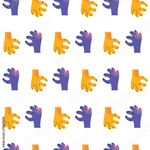 seamless pattern diverse happy smiling disabled people and guide dog, eye, puzzle, sign language, braille with an assortment of different handicaps , vector illustration isolated on a white background