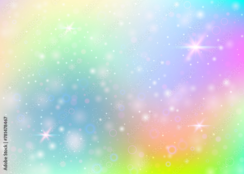 Obraz premium Hologram background with rainbow mesh. Girlie universe banner in princess colors. Fantasy gradient backdrop. Hologram unicorn background with fairy sparkles, stars and blurs.
