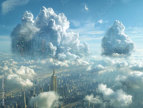 A city is seen in the distance with a large cloud in the sky. The city is surrounded by a lot of clouds, giving it a dreamy and surreal atmosphere