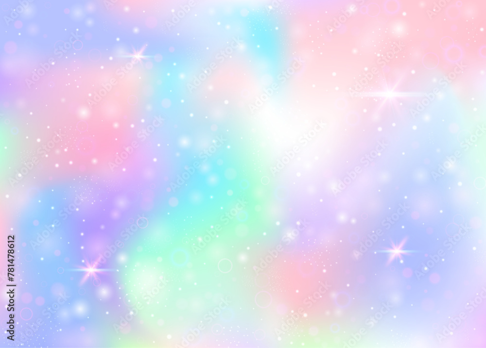 Magic background with rainbow mesh. Trendy universe banner in princess colors. Fantasy gradient backdrop with hologram. Holographic magic background with fairy sparkles, stars and blurs.