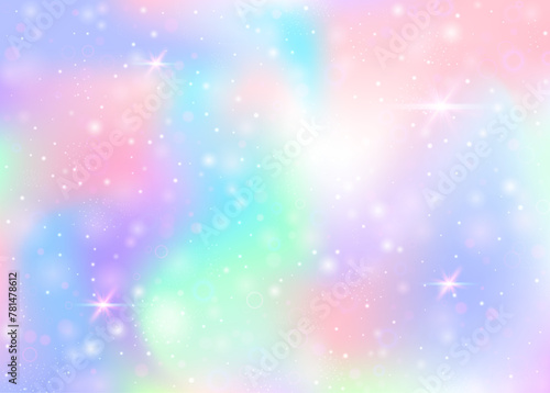 Magic background with rainbow mesh. Trendy universe banner in princess colors. Fantasy gradient backdrop with hologram. Holographic magic background with fairy sparkles, stars and blurs. © Holo Art