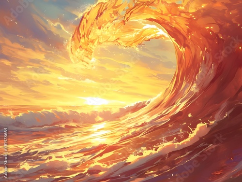Dramatic Sunset Seascape with Captivating Harmonic Waves Crashing on the Tropical Coastline