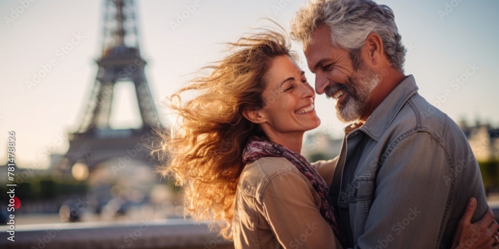 Mature couple showing love near eiffel tower. Paris the city of love. Generative AI. Mature couple showing love near eiffel tower. Paris the city of love. Generative AI.