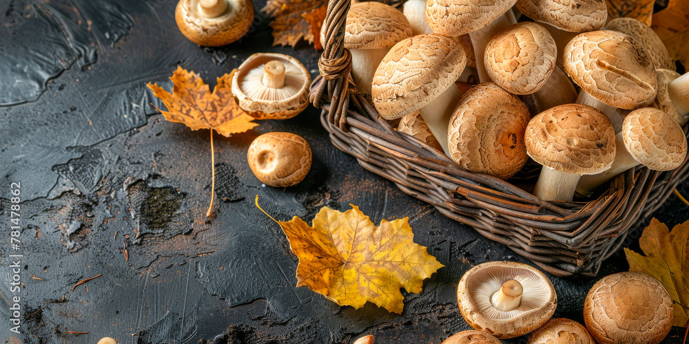 Autumnal Harvest of Mushrooms in Wicker Basket with Golden Leaves Autumnal Harvest of Mushrooms in Wicker Basket with Golden Leaves