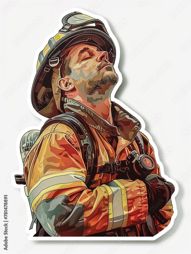 A sleepy firefighter, illustrated as a sticker with a solid color background, symbolizing rest after bravery, in a minimalistic style,  - obrazy, fototapety, plakaty 