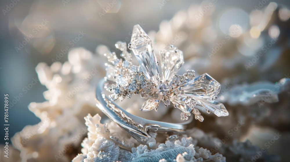 Close-up of Sparkling Diamond Ring on Frosty Surface Close-up of Sparkling Diamond Ring on Frosty Surface