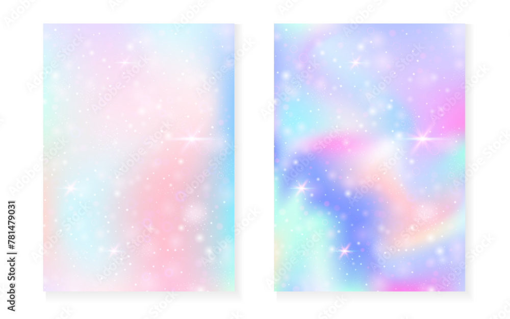 Rainbow background with kawaii princess gradient. Magic unicorn hologram. Holographic fairy set. Colorful fantasy cover. Rainbow background with sparkles and stars for cute girl party invitation. Rainbow background with kawaii princess gradient. Magic unicorn hologram. Holographic fairy set. Colorful fantasy cover. Rainbow background with sparkles and stars for cute girl party invitation.