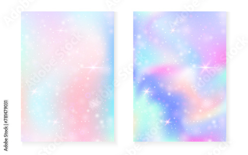 Rainbow background with kawaii princess gradient. Magic unicorn hologram. Holographic fairy set. Colorful fantasy cover. Rainbow background with sparkles and stars for cute girl party invitation.