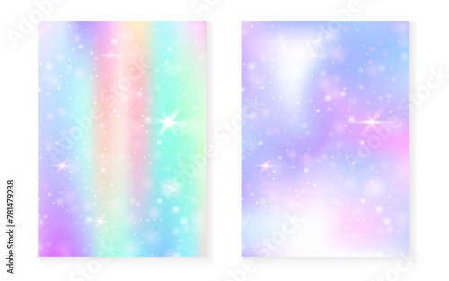 Kawaii background with rainbow princess gradient. Magic unicorn hologram. Holographic fairy set. Vibrant fantasy cover. Kawaii background with sparkles and stars for cute girl party invitation.