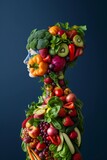 Figure of a girl made from vegetables and fruits, promotion of healthy eating, Generative AI.