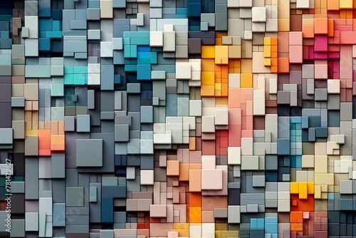 3D surface composed of multicolored blocks, varying in size and arranged in an irregular pattern