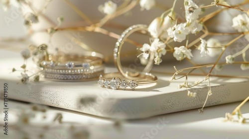 Golden Hour Wedding Rings and Delicate Blossoms Display