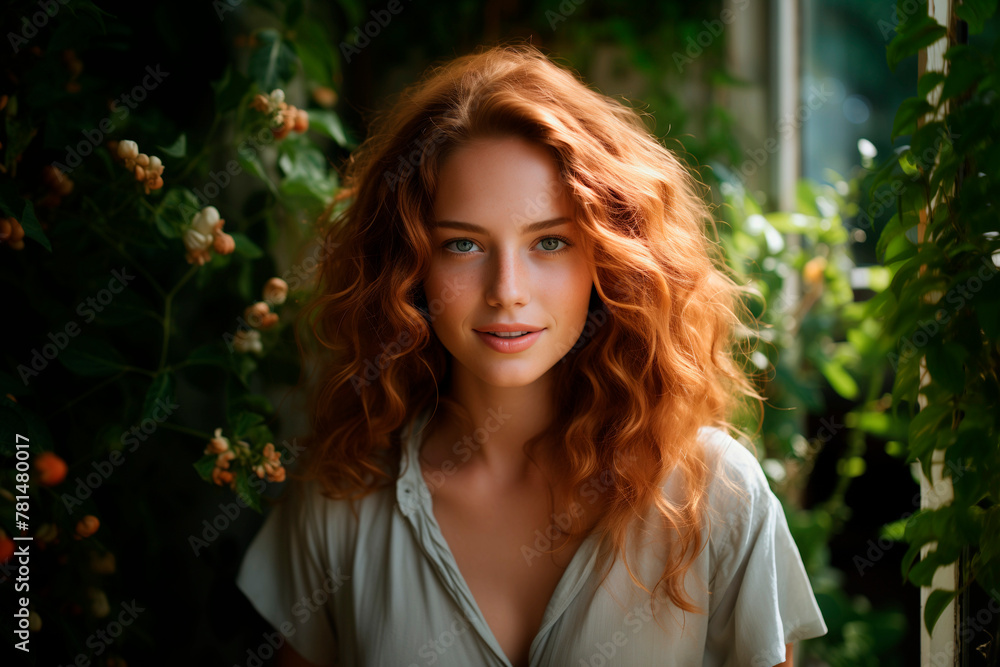 Fototapeta premium A woman with red hair is smiling at the camera. She is wearing a white shirt and is standing in front of a plant