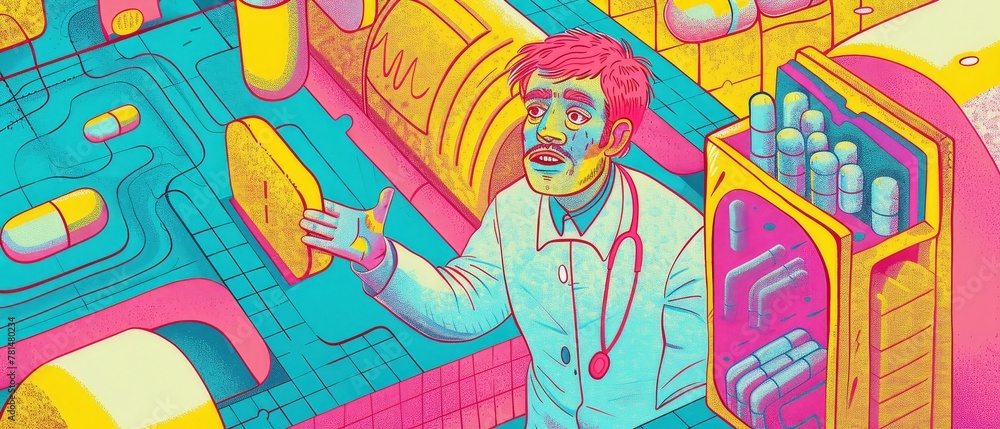 A doctor in a random, surreal landscape of giant pills and stethoscopes, healthcare dreamscape