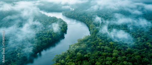 Aerial view of huge river and evergreen rainforest shrouded in clouds