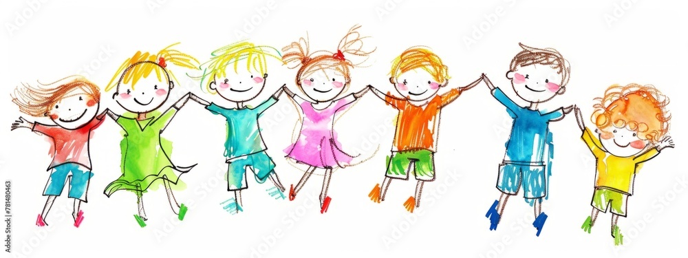 colorful cartoon drawing of happy children holding hands and jumping in ...