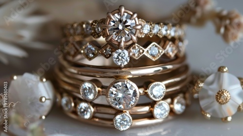 Elegant Stack of Diamond Rings on Shimmering Background