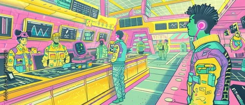 A futuristic stock trading floor, with traders interfacing with random, AIgenerated predictions