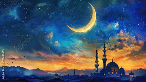 Night sky landscape mosque silhouette, Crescent moon stars photo