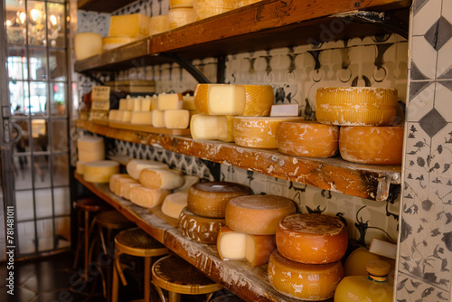 Artisan cheese selection displayed wooden shelves. Dairy products. Specialty cheese shop
