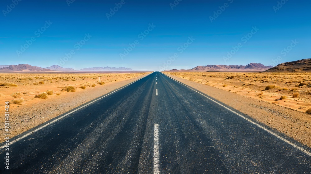 Endless desert road under blue sky