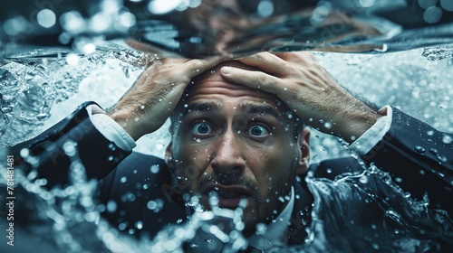 Man overwhelmed underwater with expressive face photo