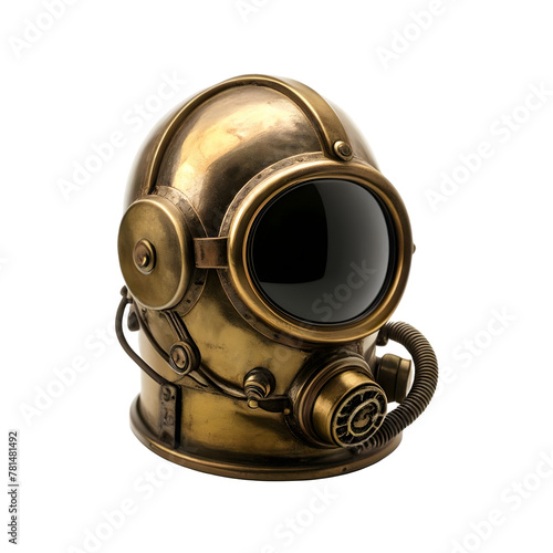 Deep sea diver helmet in vintage brass on a transparent background, PNG Format