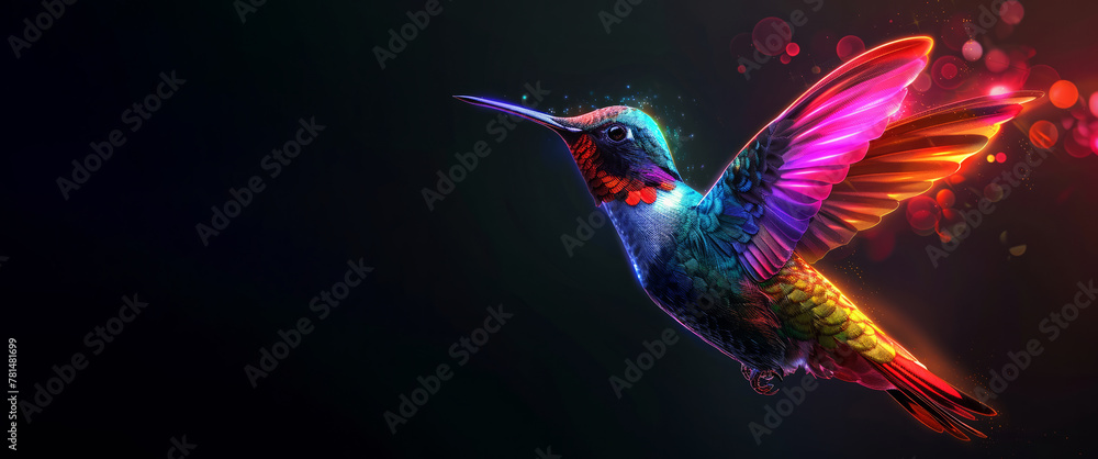 A colorful hummingbird is flying in the air. The image is a digital art piece with a black background. The bird is the main focus of the image, and its vibrant colors make it stand out. Abstract 3d A colorful hummingbird is flying in the air. The image is a digital art piece with a black background. The bird is the main focus of the image, and its vibrant colors make it stand out. Abstract 3d