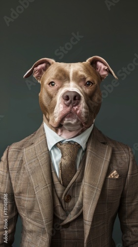 Portrait of a dog with human-like posture, dressed in an elegant suit and tie
