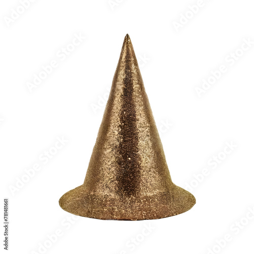 Gold glitter party hat with a pointed top on a transparent background, PNG Format