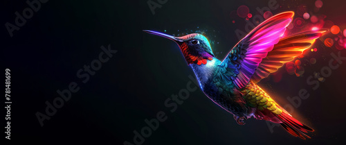 A colorful hummingbird is flying in the air. The image is a digital art piece with a black background. The bird is the main focus of the image, and its vibrant colors make it stand out. Abstract 3d