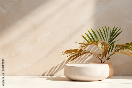 Green plant inside vase marble over a marble wall. minimalist concept