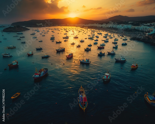 Aerial view of harbor filled with Fishing trawlers, vessels and boats at dawn, morning activity just beginning. A day in the hard life of professional fishermen