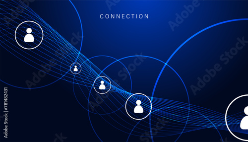 Wave blue Network connection, digital hi-tech digital internet communication, technology on global background and people icons on modern background.	