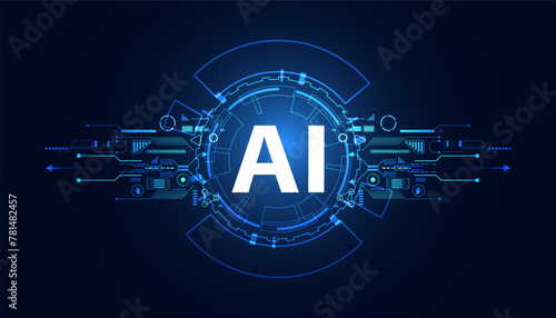 Abstract technology Ai computing chipset on circuit board concept working data of Artificial intelligence and futuristic digital for future on dark blue background.	