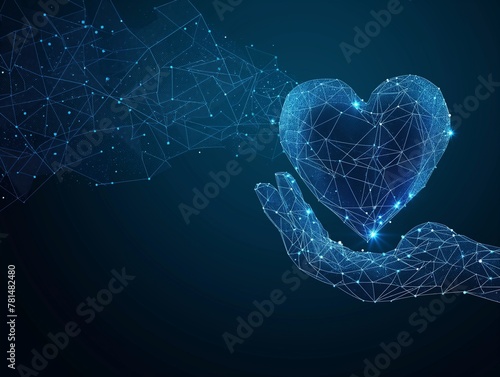 human hands holding or giving heart symbol in dark blue. Charity, volunteering, and social care concepts. Digital low-poly mesh wireframe with connected dots, lines, stars and shapes