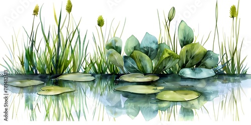 Serene Aquatic Foliage Reflection Composition on White Background photo