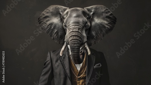 Surreal elephant in business attire on dark background